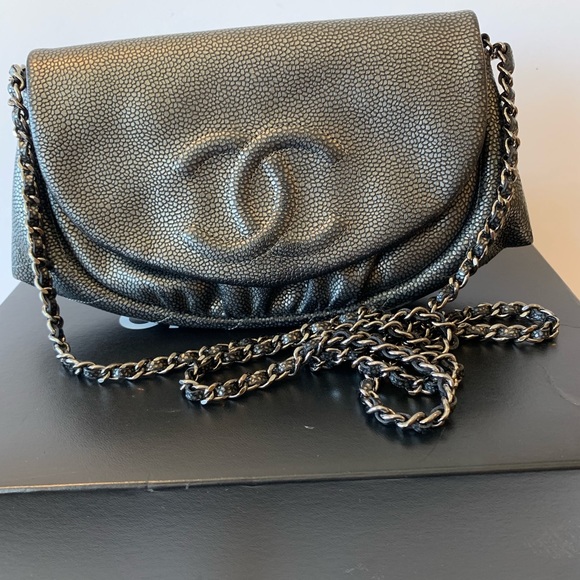 CHANEL Handbags - CHANEL Metallic Calfskin Half Moon Wallet WOC Bag